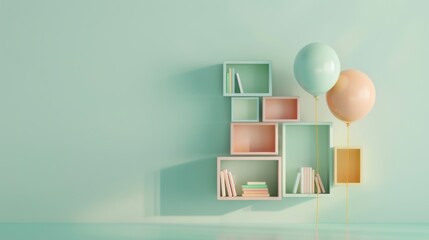 Minimalist Bookshelf with Pastel Balloons
