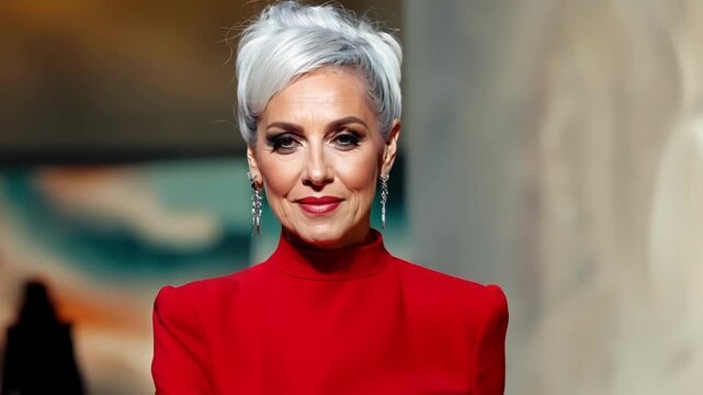 A strikingly beautiful older woman with silver hair styled in a chic updo commands attention in a vibrant red dress as she struts on the runway. The background is a modern