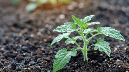 Close up of a young tomato seedling with green leaves and mulch suitable for adding text about gardening growing vegetables and vegetarian lifestyle