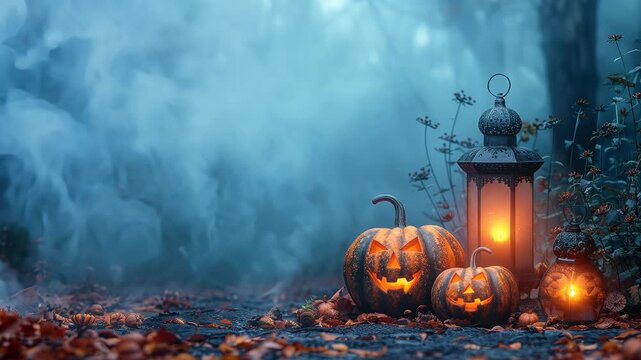 Spooky halloween frame with pumpkin lanterns and flickering candle lights inside misty forest in moonlight. Mystic fog cloud swirls on the background of halloween layout. Title screen with copy space