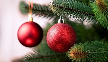 two red christmas ornaments hanging on a christmas tree closeup