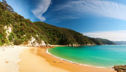 panoramic view of a tropical beach with turquoise water and white sand in abel tasman national park new zealand