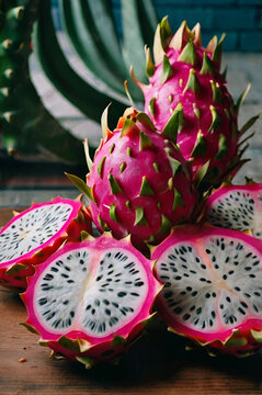 Close-up of a collection of dragon fruits, also known as pitayas. The fruit is predominantly pink with green-tipped scales, creating a bright and striking contrast.