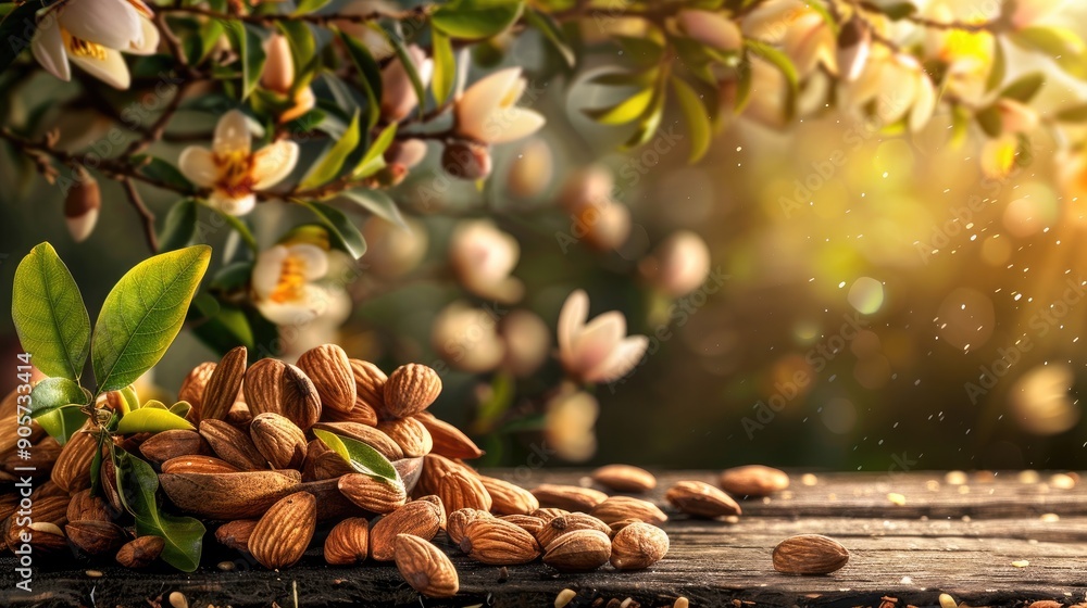Poster almond nuts displayed on rustic table with almond tree branch in background