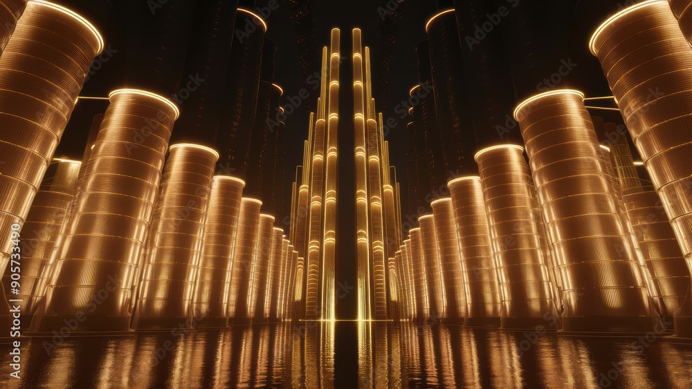 Wall mural a large building with many columns and lights on the side, ai