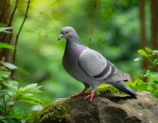 A serene photograph capturing a delicate gray pigeon standing gracefully atop a rugged rock