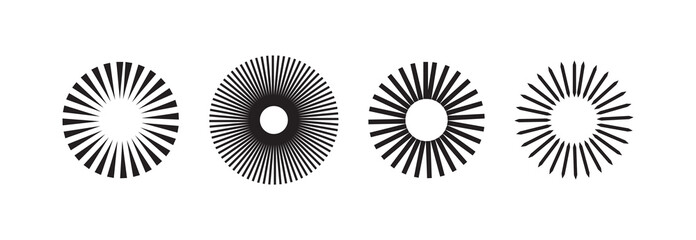 sets Radial circle lines: circular radiating geometric shapes resembling sun rays. Abstract design element. Vector illustration on a white background.