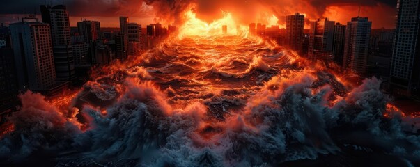 Storm surge hitting a densely populated area, Realism, Dark and moody, Digital painting