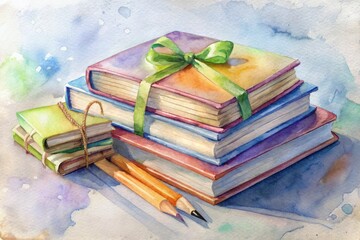 A stack of books bound with a purple ribbon and decorated with pencils