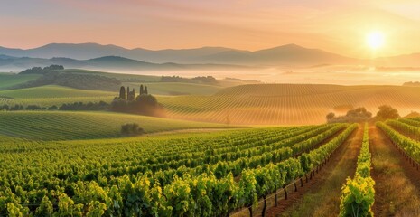 Sunrise Over Rolling Vineyards in the Countryside