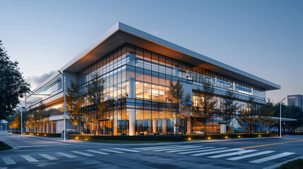 Obraz premium Modern Urban Building with Glass Facade and Greenery