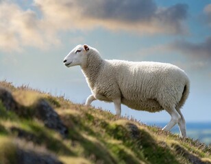 Fototapeta premium A white sheep walks up a hill. The ewe seen from the side. Selective focus, Sky and Field in the background.