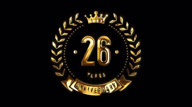 26th Anniversary Celebration. Happy 26 Years Anniversary Animation in Gold Color on the Transparent Background, Alpha Channel. Great for greetings, celebrations, events, and gifts.