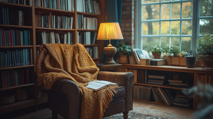 A back to school background with a cozy study corner, including a lamp, books, and a comfortable chair.