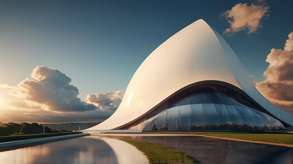 Futuristic design of an exclusive building with smooth shapes at sunset, 4K photo
