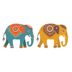 Two colorful, decorated elephants patterned intricate mandalas isolated white background. Orange blue elephants adorned patterns, traditional Indian folk art, digital vector illustration. Elephant