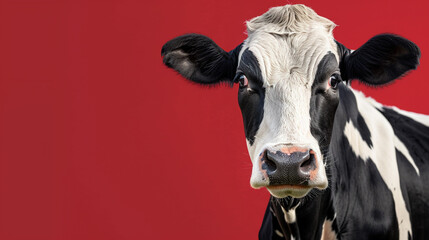 portrait of a domestic black and white frisian holstein cow on a vivid bright red background
