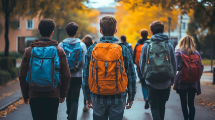 Group of Students Walking with Backpacks in Autumn