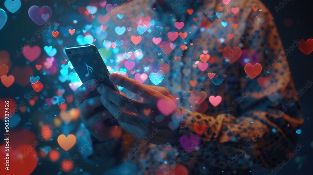Poster a man interacts with his smartphone in a dimly lit room, surrounded by vibrant icons representing li