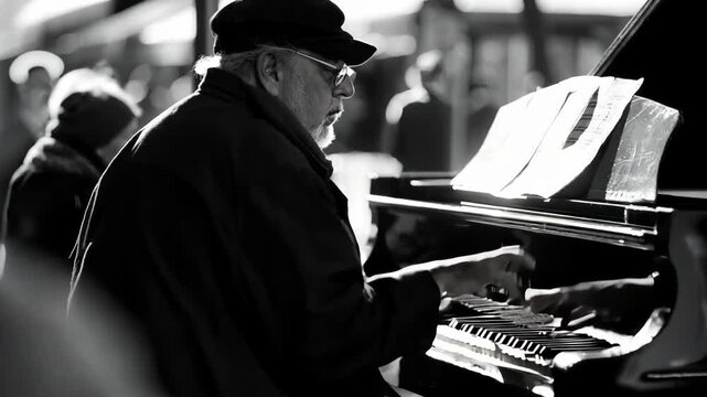 Old gray-haired man street musician masterfully plays the piano on a busy street. Black and white retro noir style video clip.