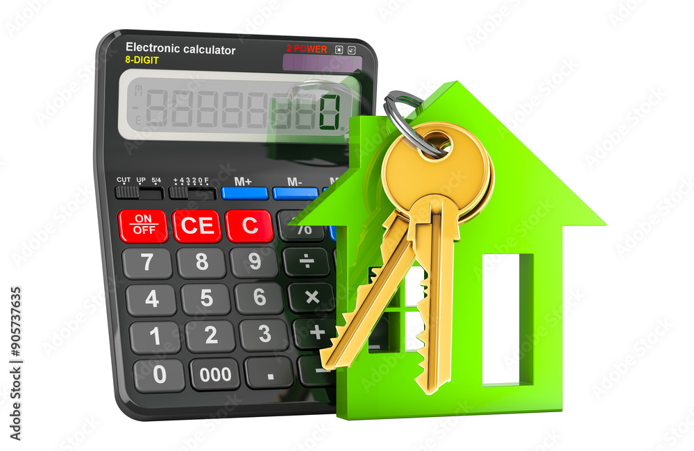 Poster house keys with calculator, 3d rendering isolated on transparent background