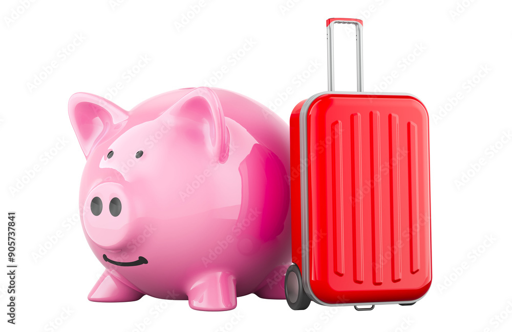 Poster suitcase with piggy bank. saving money for travel, concept. 3d rendering isolated on transparent bac