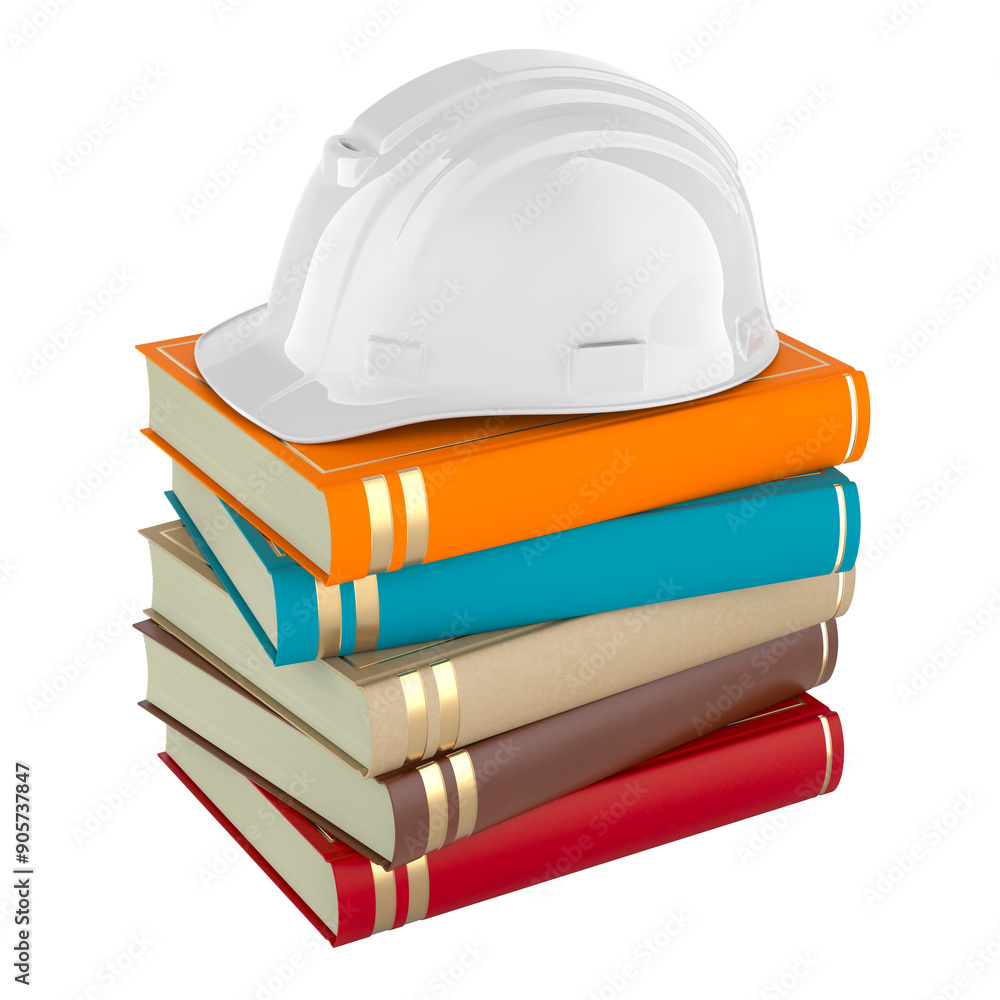 Poster stack of books with white hard hat, 3d rendering isolated on transparent background