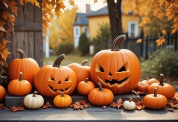 Close up, Halloween pumpkin on table, autumn, urban