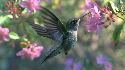 Fototapeta premium Hummingbird Feeding on a Pink Flower