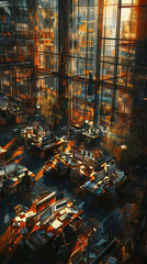 A bustling open-plan office, filled with rows of desks and cubicles, where employees are engaged in various tasks. Sunlight streams through large windows, illuminating the scene 