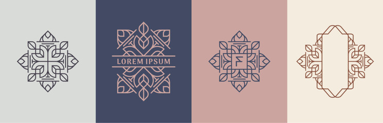 Luxury flowers and leaves logo design. Frames with copy space for text or letter. Abstract vector based creative line style template.