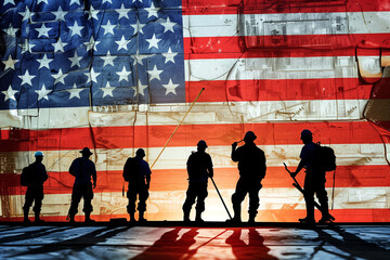 Dark silhouettes of workers against the background of a large American flag. Labour day. 