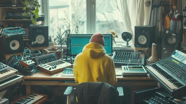 A young caucasian man is seen from behind working in a home music studio filled with synthesizers, speakers, and monitors. It's an afternoon with soft natural light coming through the window. He