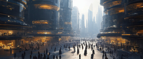 Fototapeta premium Futuristic | Cityscape | Seasonal | Sunrise | Ultrawide Aspect Ratio | Cinematic