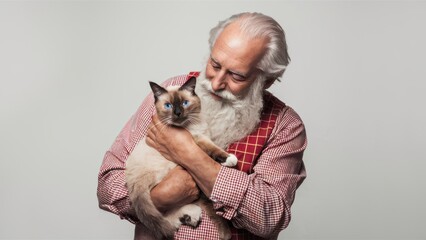 A man with beard holding a cat in his arms, AI