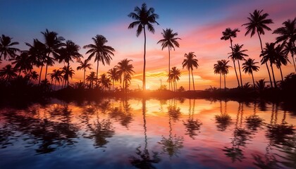 Fototapeta na wymiar a tranquil tropical sunset with silhouetted palm trees and vibrant reflections on water