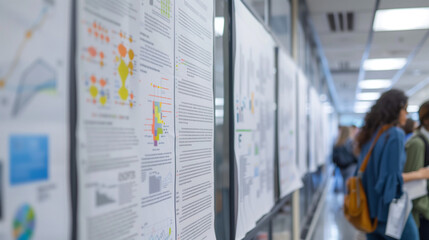 Close-up of scientific posters featuring colorful charts and detailed text, displayed in an academic setting. Ideal for showcasing educational and research presentations.