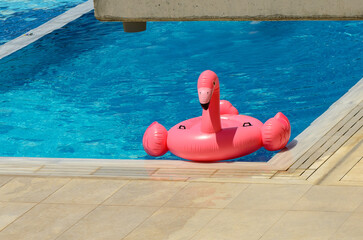 Pink inflatable flamingo on water in swimming pool