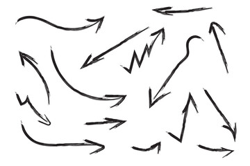 Grunge arrow vector set. Hand drawn style with brush stroke. Hand drawn vector arrows doodle set on white background.