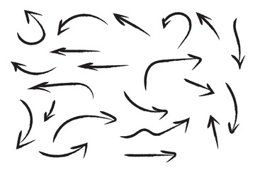 Grunge arrow vector set. Grunge arrow brush drawn. set of chalk pencil, brush stroke arrows. various charcoal arrows. Hand drawn doodle arrow symbols vector. 