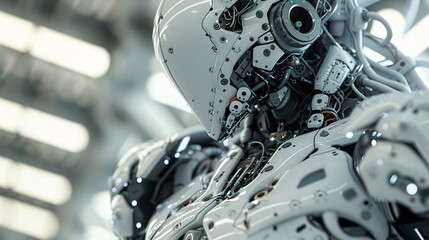 Fototapeta premium Cyborg. Cyborg head. Cybernetic organism. Mechanical robot. Future technologies. Artificial intelligence. Artificial intelligence with neural networks.