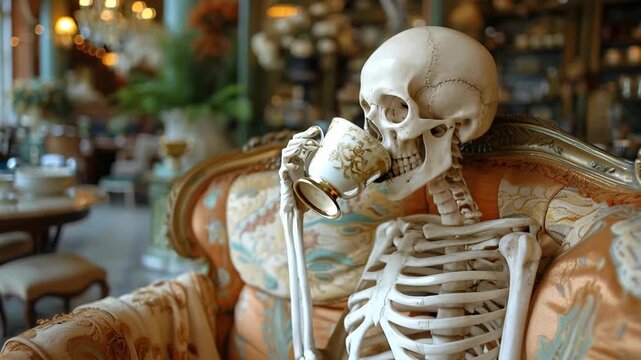 Calm skeleton drinks coffee in luxury restaurant interior. Radiates peace and relaxation. Symbolizes the rapid flow of life, criticizes the rush of daily routine.