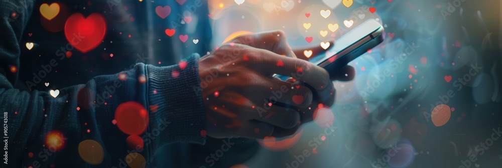 Poster a man interacts with his smartphone, immersed in a digital world filled with floating like icons, re