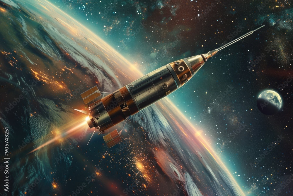 Poster A space rocket soaring through space with a planet in the background, suitable for use in astronomy or science-themed projects