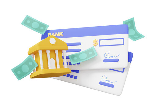 3D bank cheque with bank building and money banknotes cash transfer bill check on isolated background. account payment business financial banking transaction, cartoon style. 3d render illustration