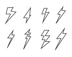 Sets of lightning icons and thunderbolt symbols, electric flash designs, vector logo elements, storm signs, arrow elements, danger and power symbols, showcasing different styles of lightning bolt icon