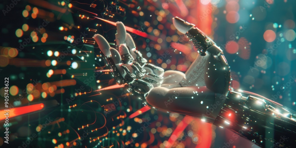 Poster a person's hand touches a computer screen, exploring options and selecting items