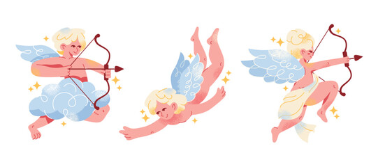 Character amur cupid valentines day. Cartoon angel with a bow, arrow, wing and heart. Set of cute flying characters wedding. vector illustration isolated on background