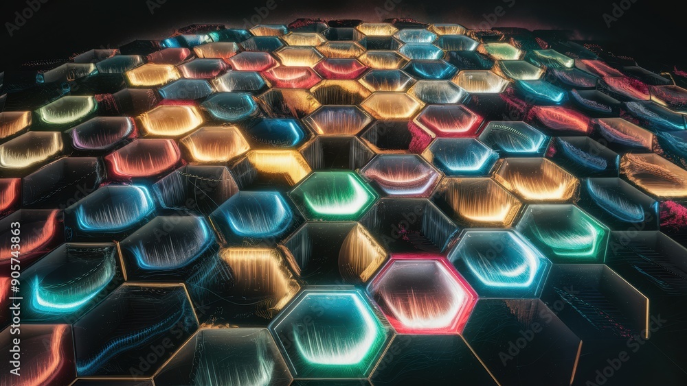 Poster a large number of colored lights are arranged in a hexagonal pattern, ai