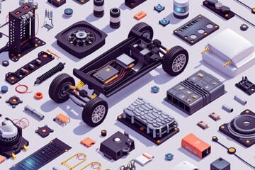 Isometric Illustration of Electric Car Components: A Modern and Detailed Visualization of the Future of Automotive Engineering.